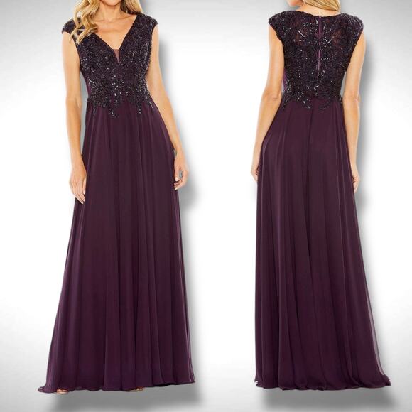 Mac Duggal Appliqued Bodice Flowy Short Sleeve Purple Ball Gown Dress Sz 8 20264 - Picture 1 of 13